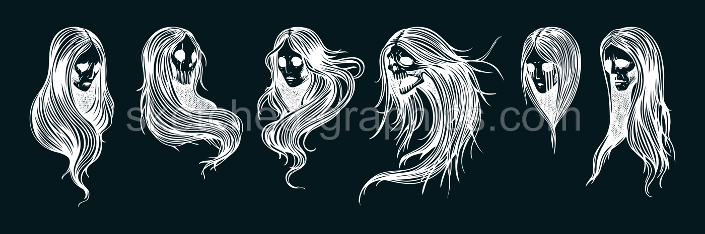 Vintage ghost woman portraits set. Gothic tattoo design. Halloween hand-drawn vector illustration. Witch drawings on chalkboard. NOT AI generated Illustration